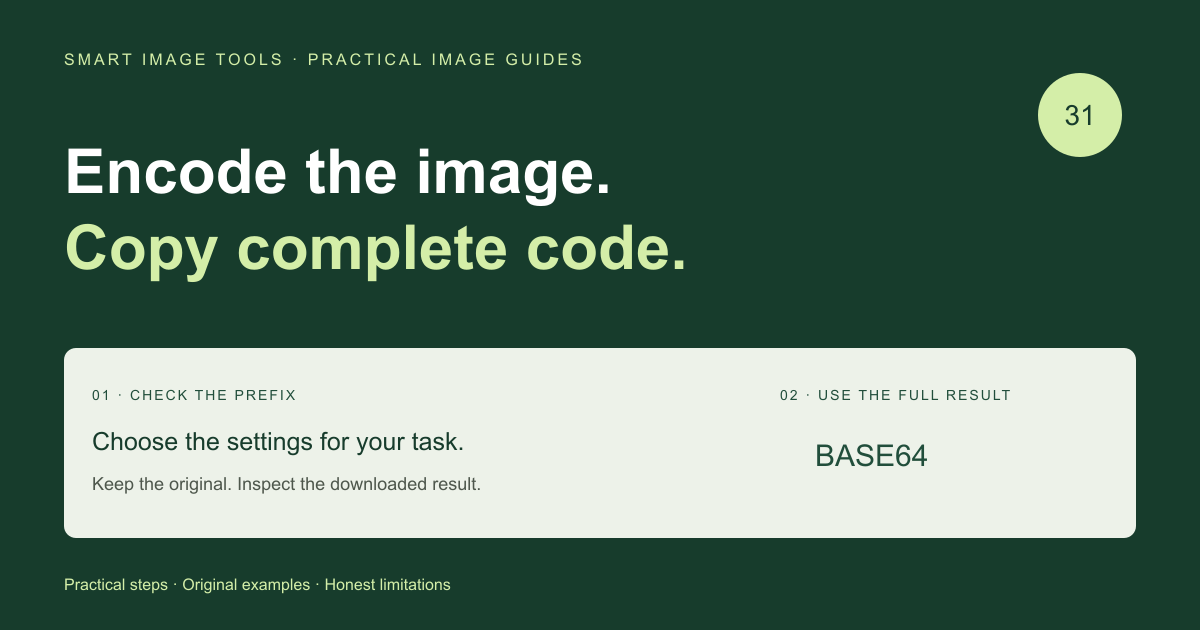 Image to Base64: Choose Raw Code or a Data URI and Copy the Complete Result