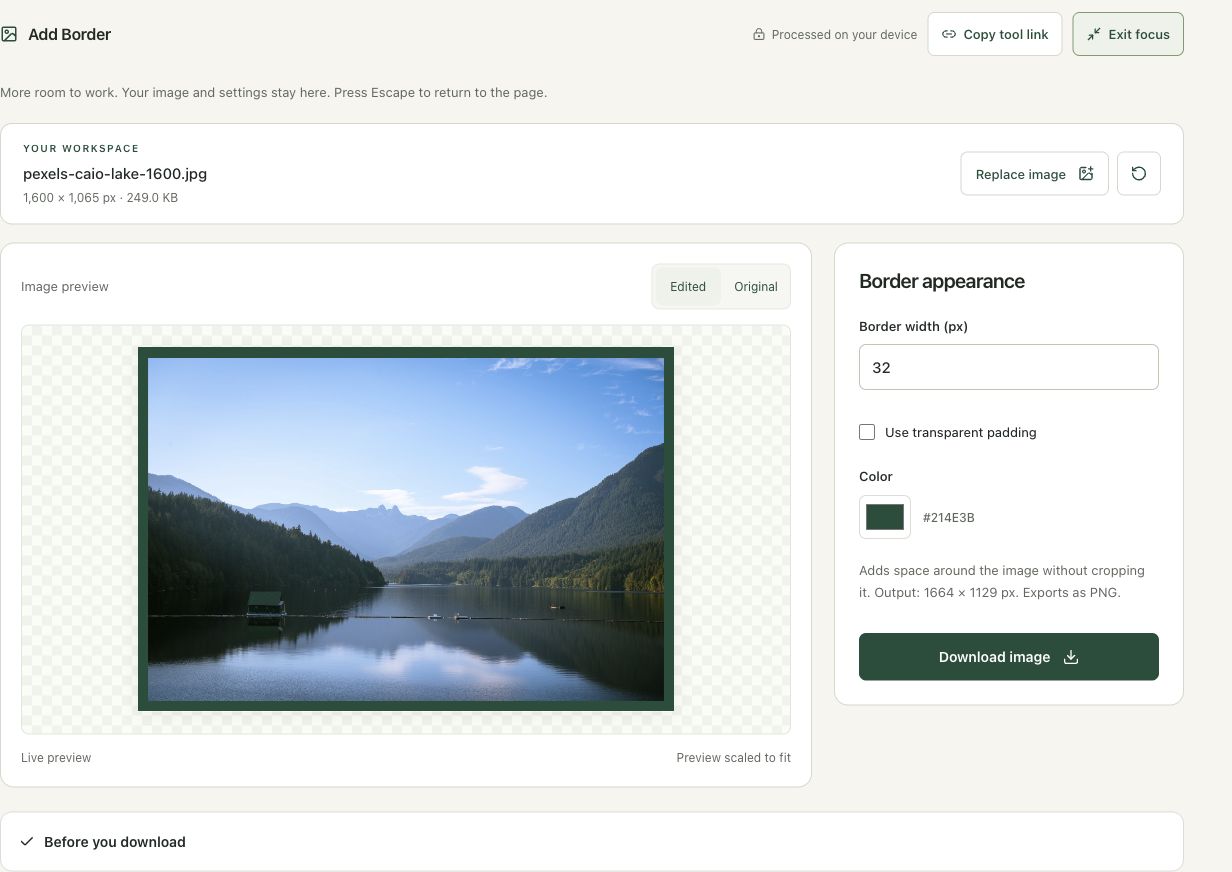 Step 2: Load the photo and inspect the initial colored border in the actual add border workspace