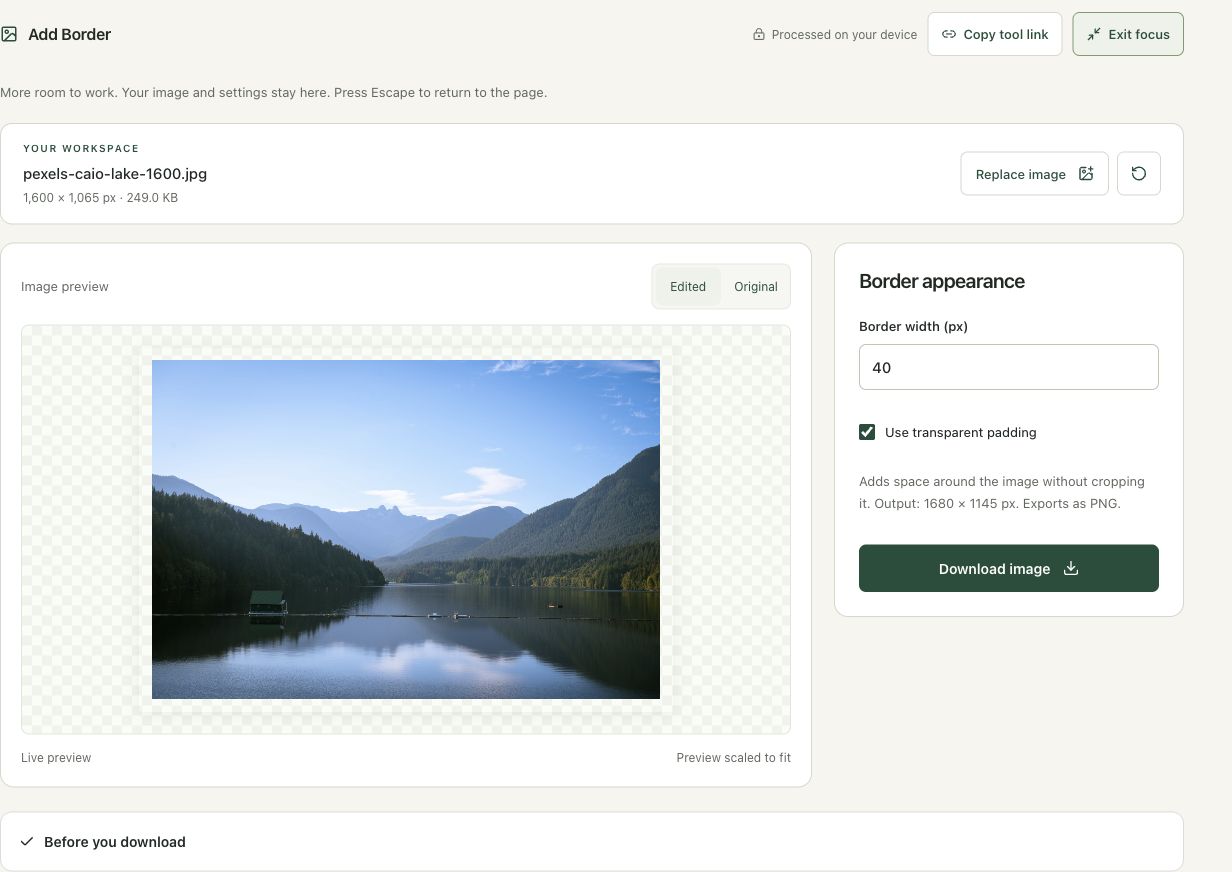 Step 3: Choose 40 pixels and enable transparent padding in the actual add border workspace