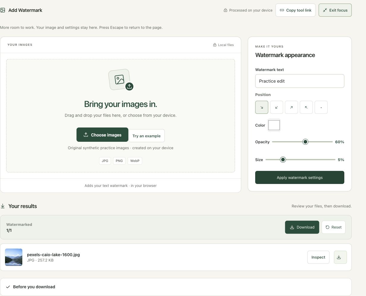 Step 2: Load the photo and apply the practice label in the actual add watermark workspace