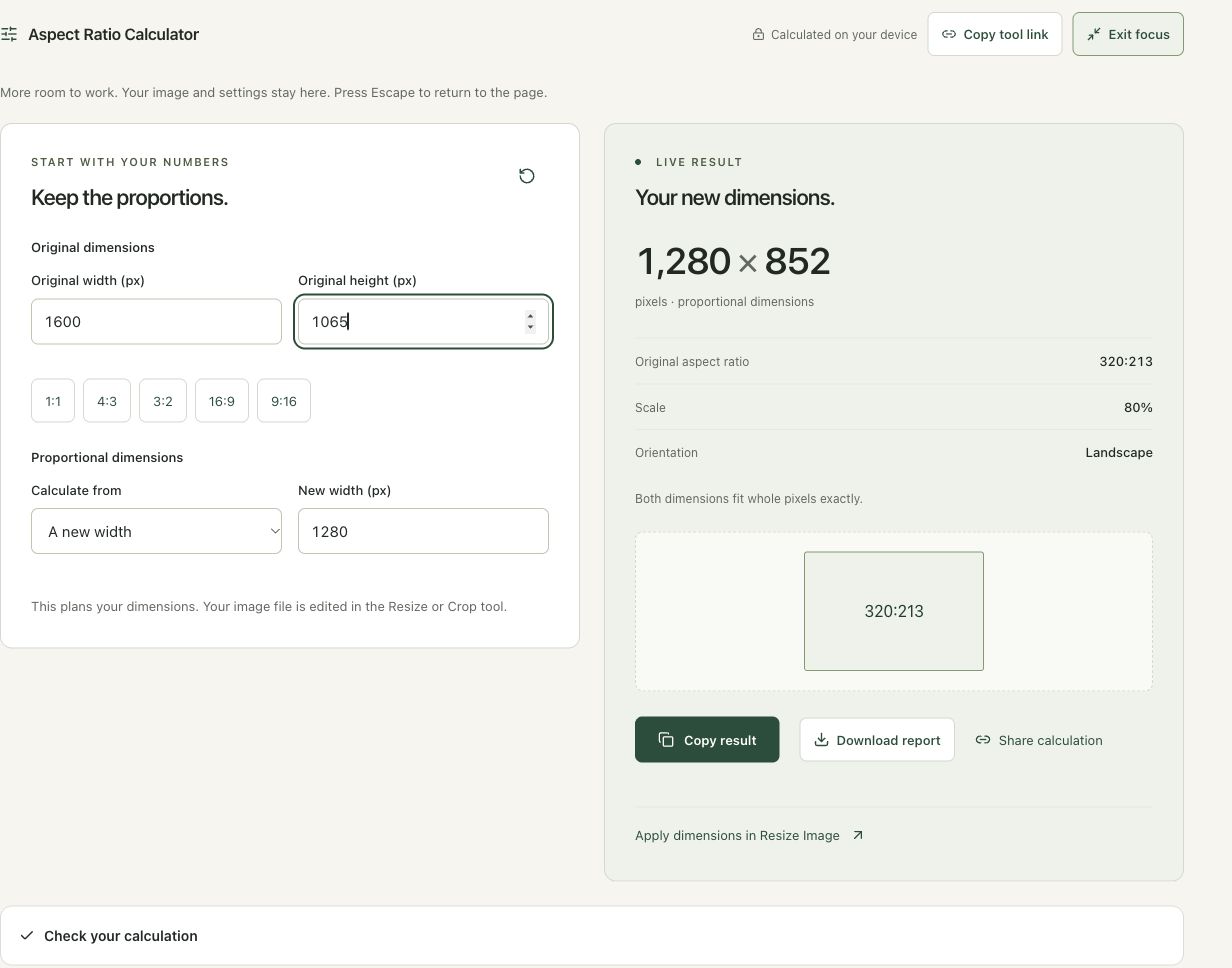 Step 2: Enter 1,600 × 1,065 as the source dimensions in the actual aspect ratio calculator workspace