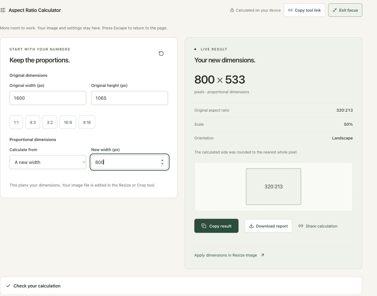 Step 3: Request a new width of 800 and read the rounding in the actual aspect ratio calculator workspace