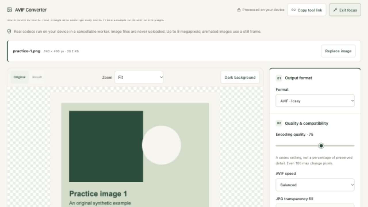 Choose the format and quality tradeoff in avif converter on localhost