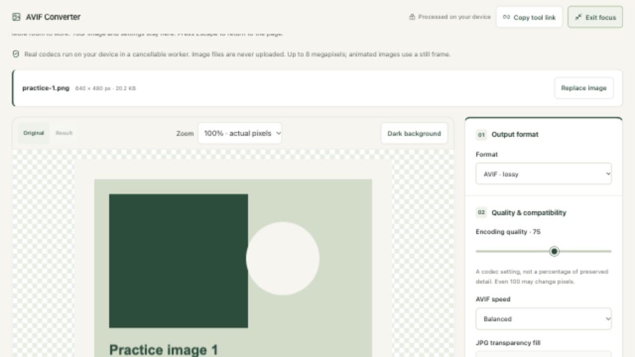 Choose speed, encode and inspect detail in avif converter on localhost