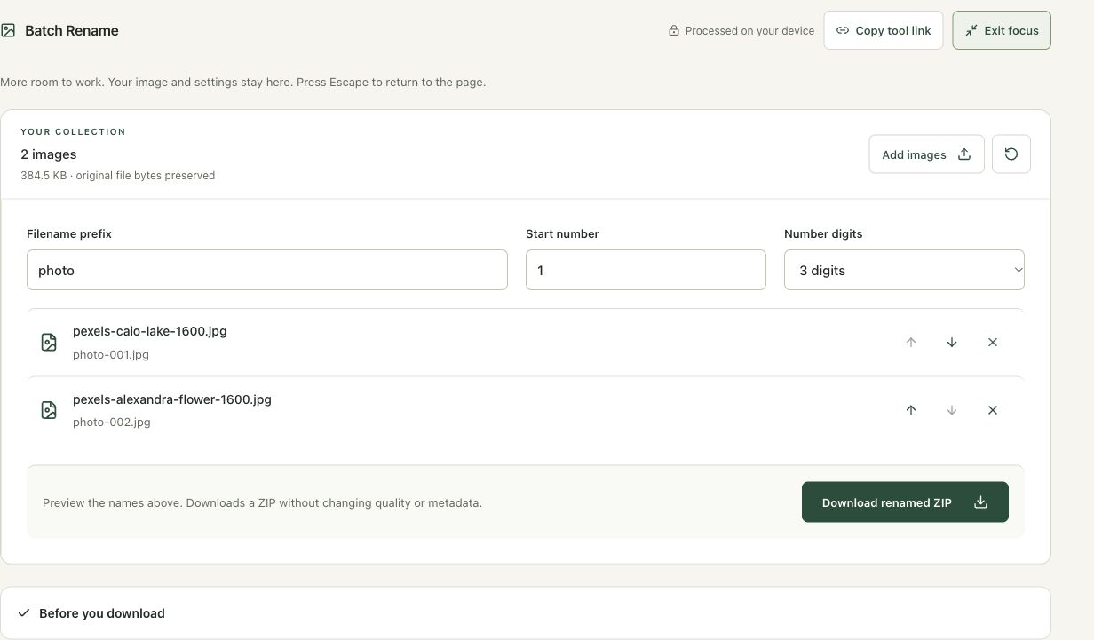 Step 2: Load two photographs and inspect the initial preview in the actual batch rename workspace