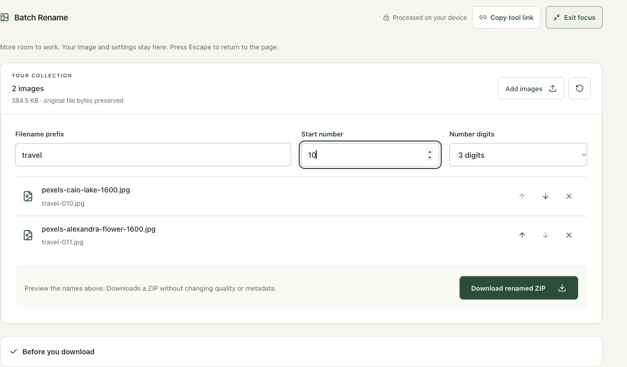 Step 3: Set travel, start number 10 and three-digit numbering in the actual batch rename workspace