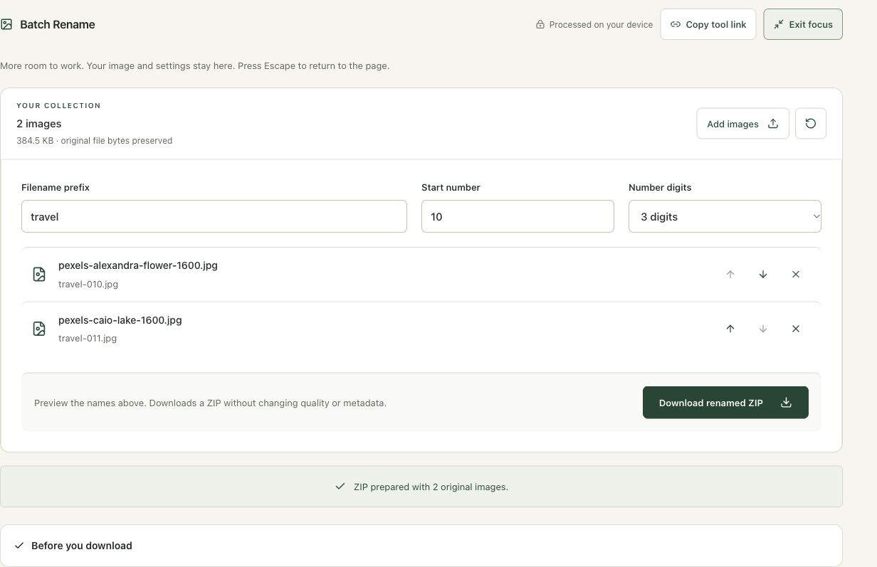 Step 4: Move the flower first and export the renamed ZIP in the actual batch rename workspace
