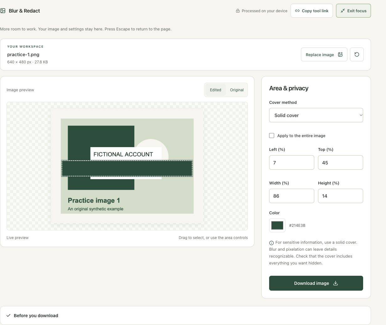 Step 3: Set an opaque rectangle over the intended line in the actual blur image workspace