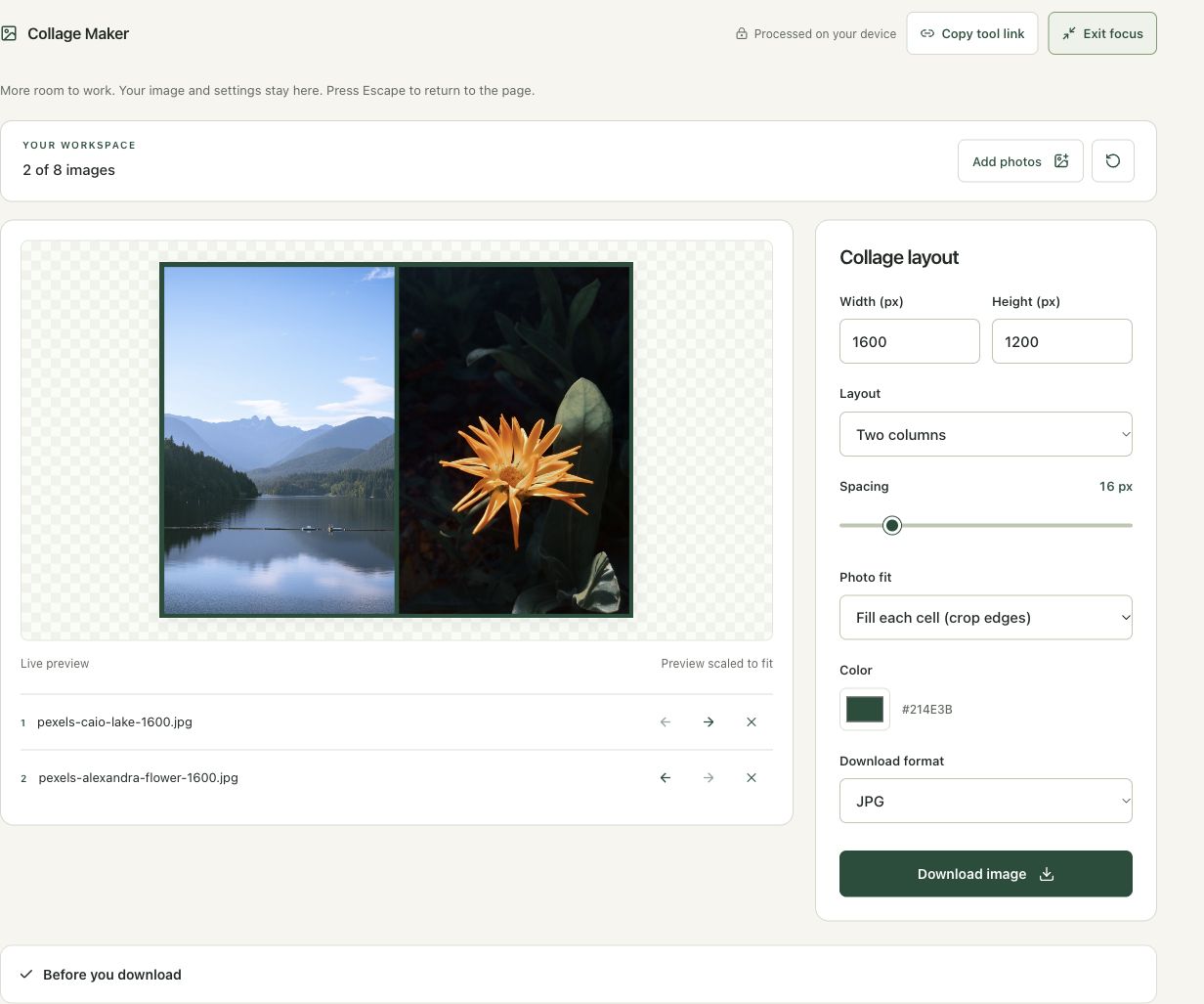 Step 2: Add the lake and flower and inspect the default layout in the actual collage maker workspace