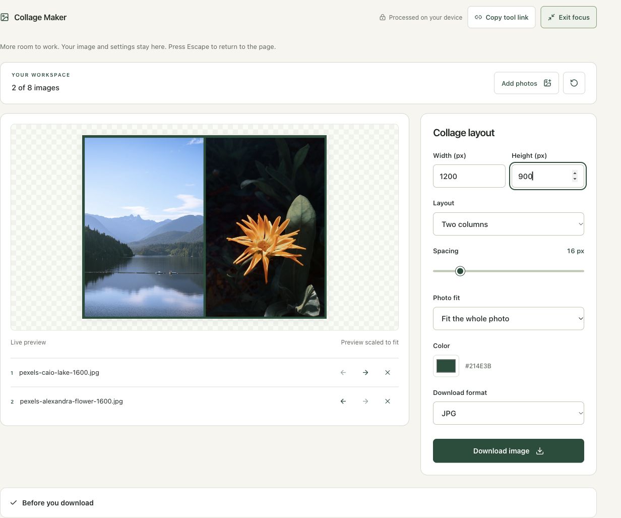 Step 3: Set a 1,200 × 900 canvas and preserve the whole photos in the actual collage maker workspace