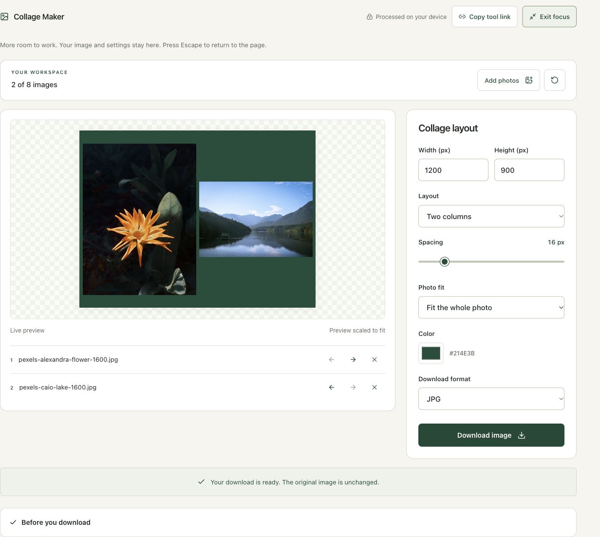 Step 4: Move the flower first and export the finished JPG in the actual collage maker workspace