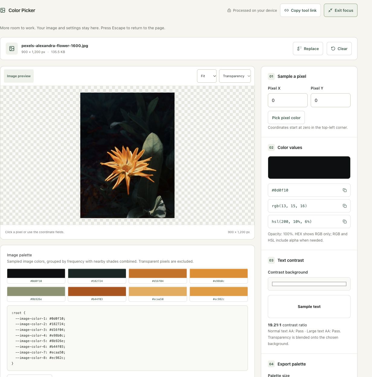 Step 2: Load the flower photo and inspect its grouped palette in the actual color picker workspace