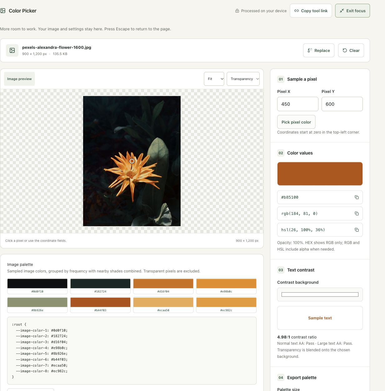 Step 3: Sample pixel X 450, Y 600 and review its values in the actual color picker workspace