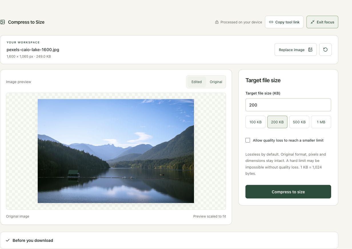 Step 2: Load the image and record its starting size in the actual compress to size workspace