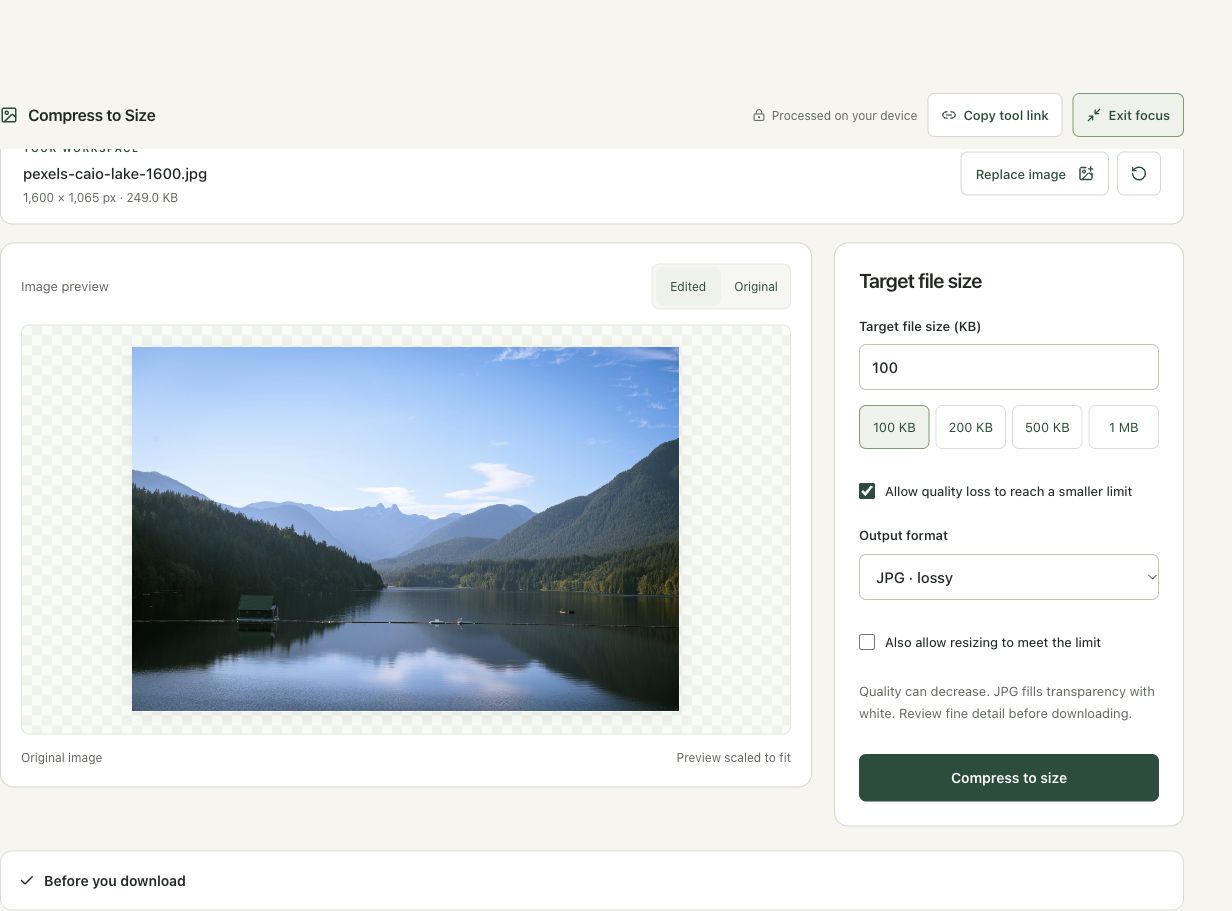 Step 3: Set 100 KB and explicitly allow quality loss in the actual compress to size workspace