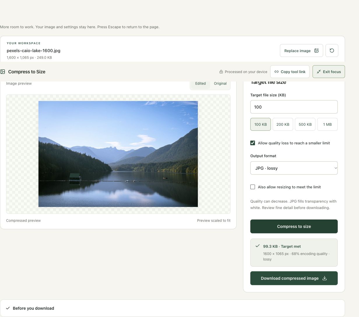 Step 4: Compress, compare the result and download in the actual compress to size workspace
