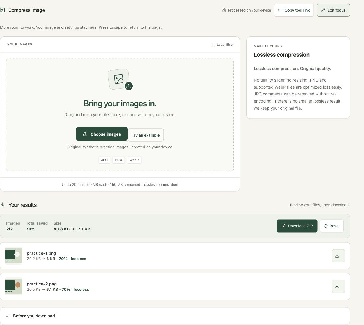 Step 2: Process the two original practice PNGs in the actual compress workspace