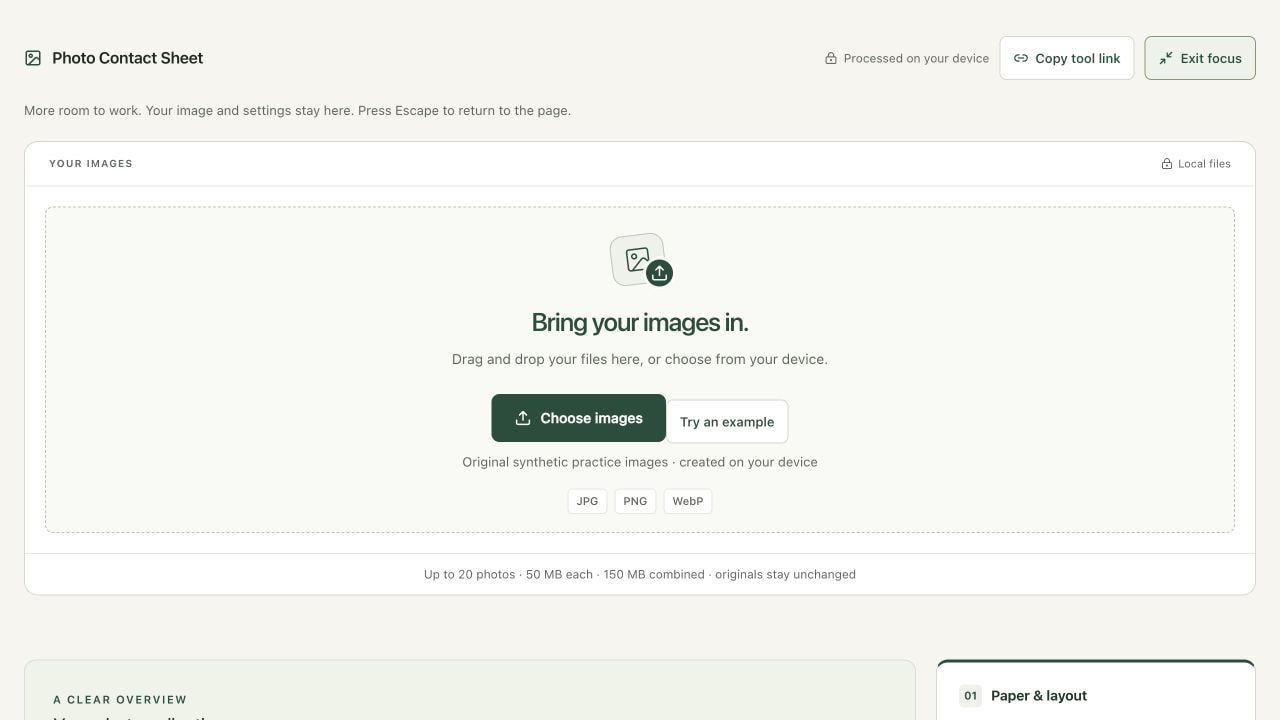 The initial workspace separates image collection, paper layout and PDF creation.