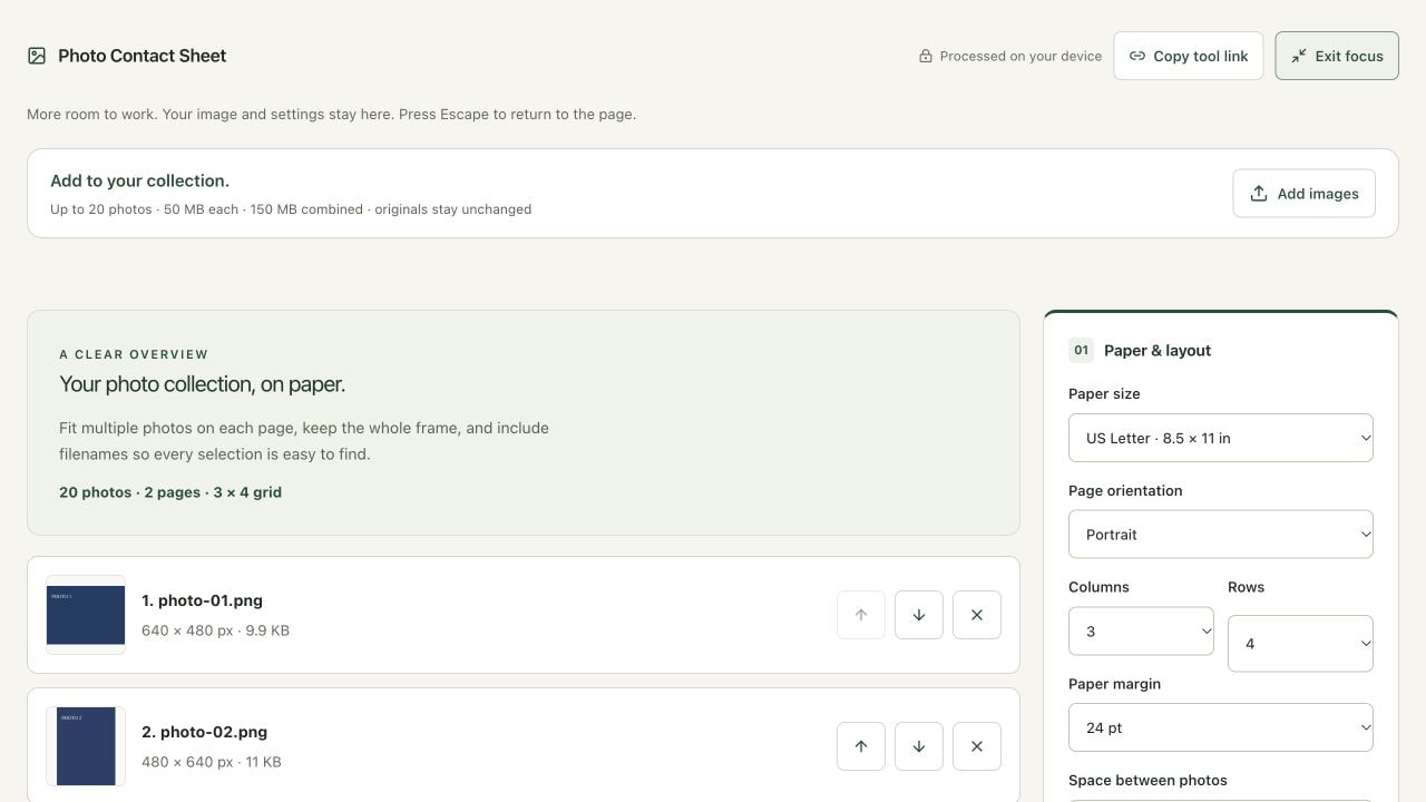 Twenty mixed-orientation inputs are loaded; the default 3 × 4 grid initially plans two pages.