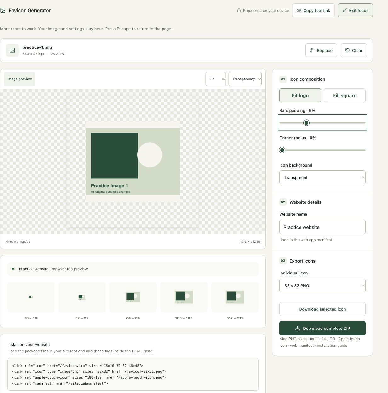 Step 3: Name the practice site and adjust safe padding in the actual favicon generator workspace