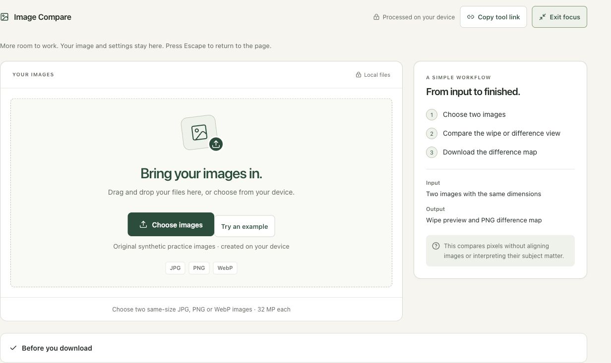 Step 1: Open Image Compare for corresponding-pixel review in the actual image compare workspace