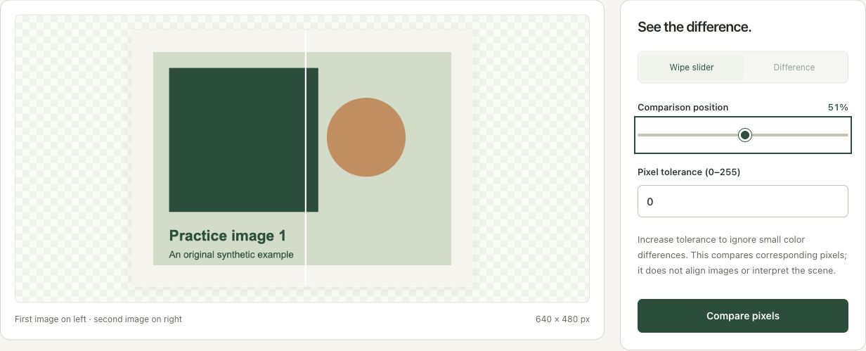 Step 3: Move the wipe and leave pixel tolerance at zero in the actual image compare workspace