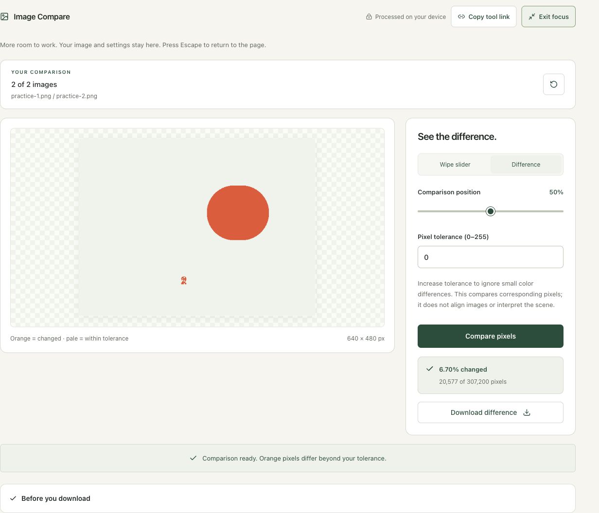Step 4: Compare pixels and read the orange difference map in the actual image compare workspace