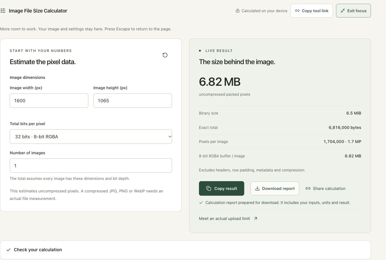 Step 4: Save the calculation with its units and assumptions in the actual image info workspace