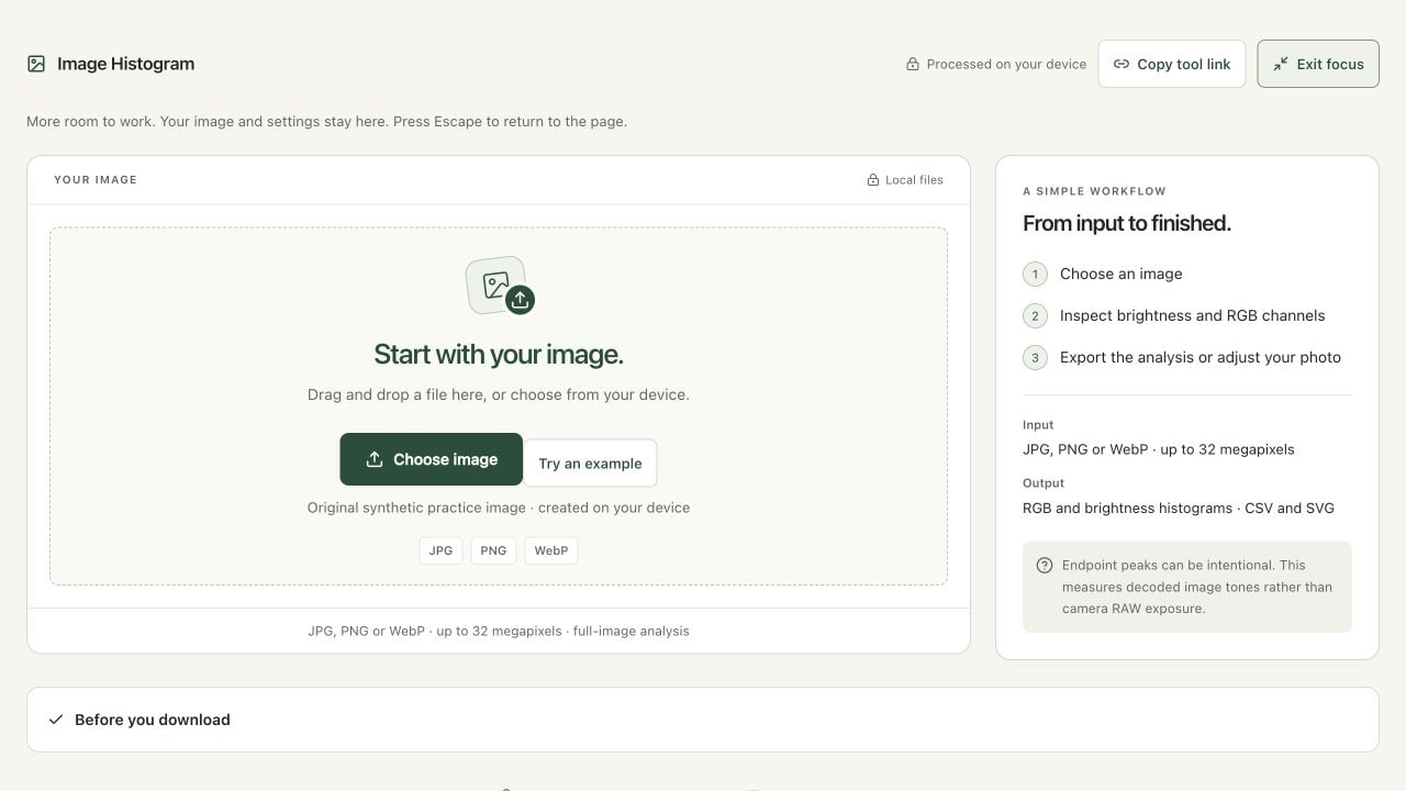 The empty workspace describes supported inputs and analysis exports.