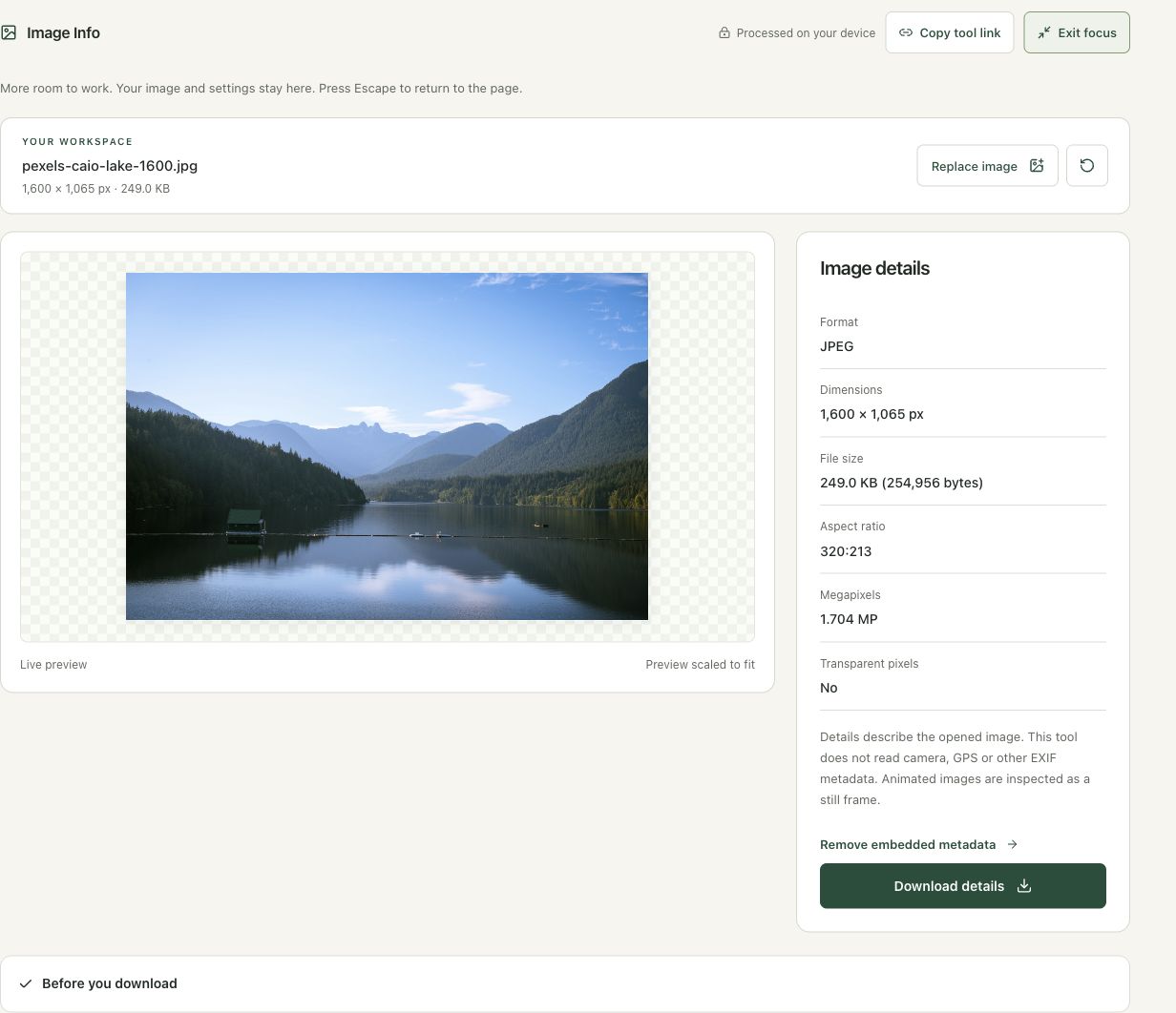 Step 2: Load the lake JPG and record its exact byte count in the actual image info workspace