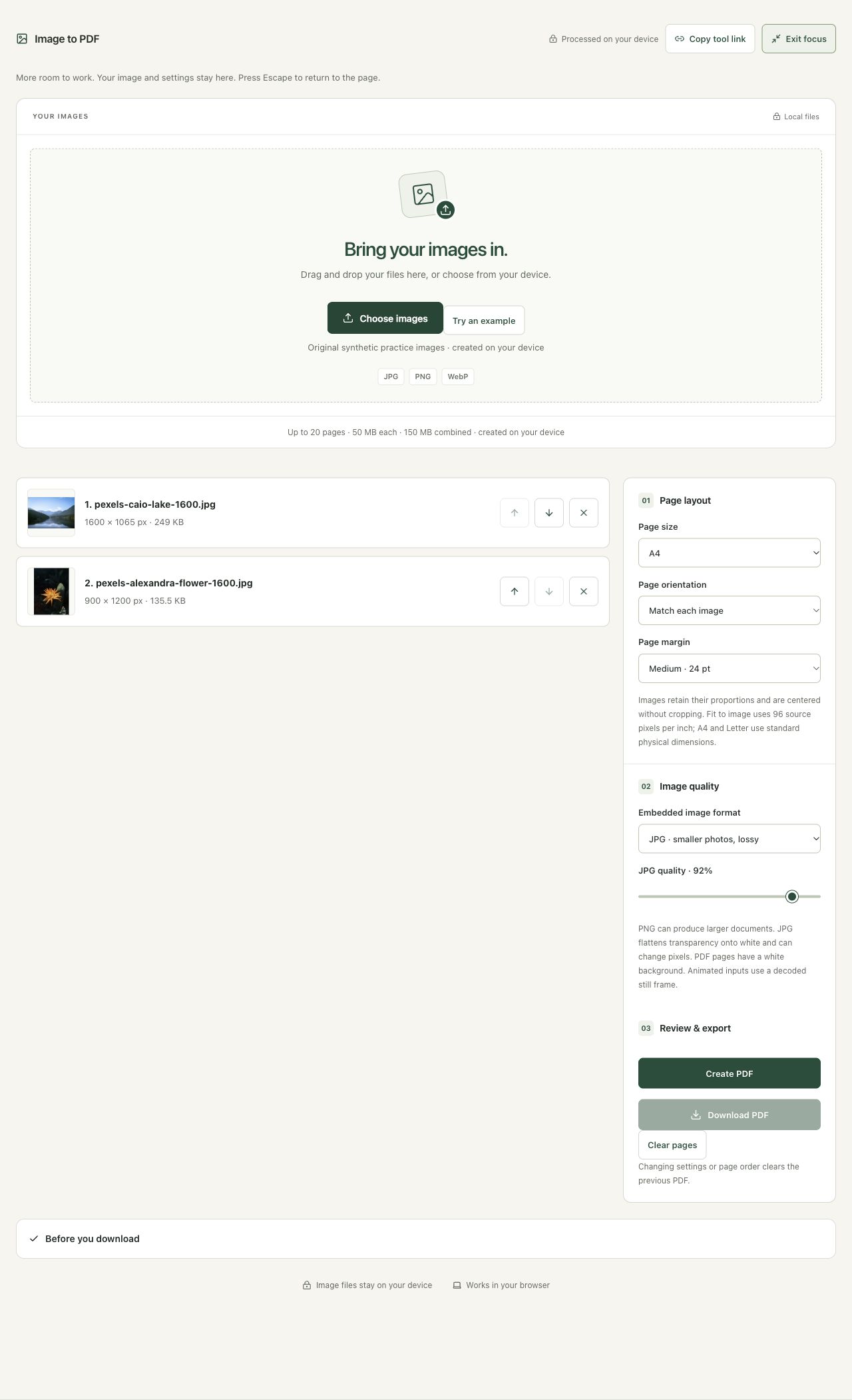 Step 3: Choose A4, matching orientation and a 24-point margin in the actual image to pdf workspace