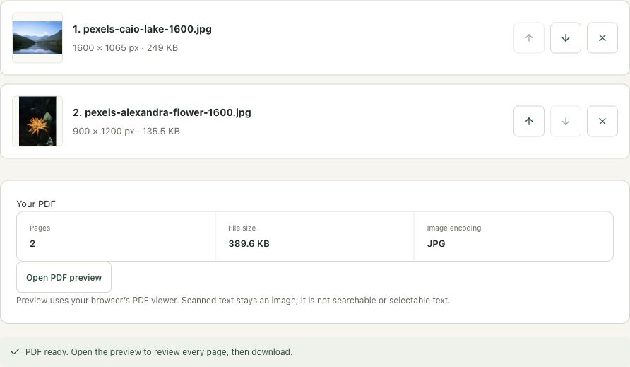 Step 4: Create the document and review its two-page result in the actual image to pdf workspace