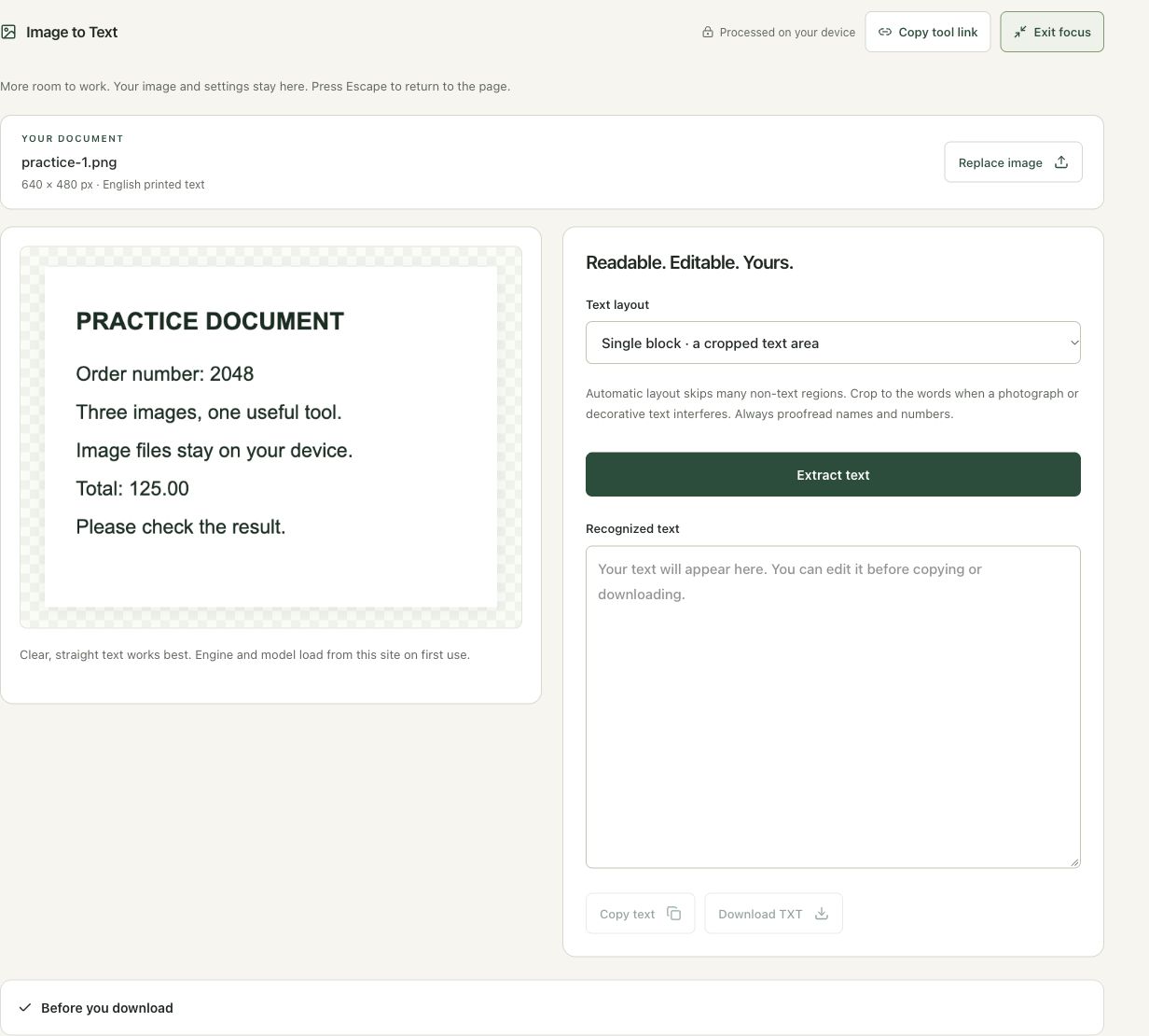 Step 3: Choose the layout and start recognition in the actual image to text workspace