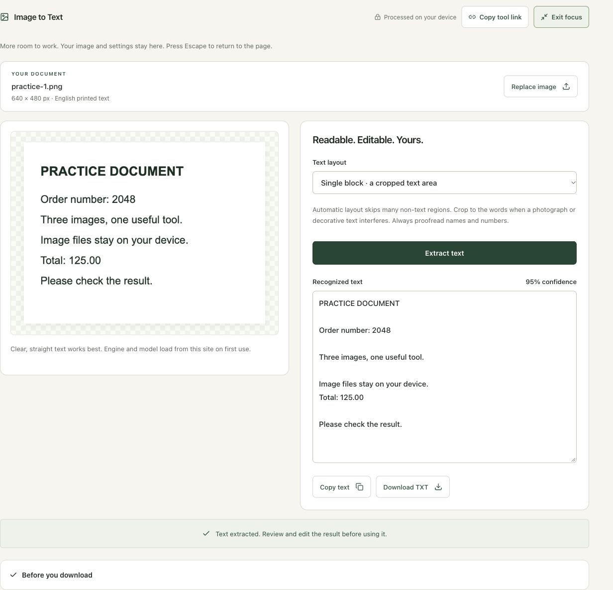 Step 4: Proofread the recognized words before exporting in the actual image to text workspace