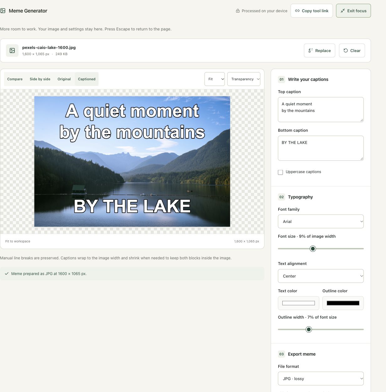 Step 4: Choose the export format and inspect the raster text in the actual meme generator workspace
