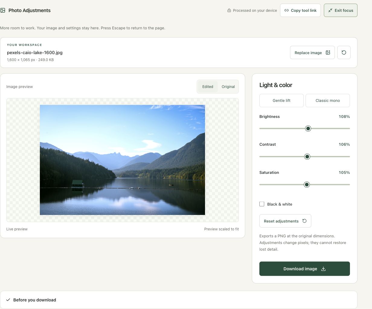 Step 3: Apply Gentle lift and read all three values in the actual photo editor workspace