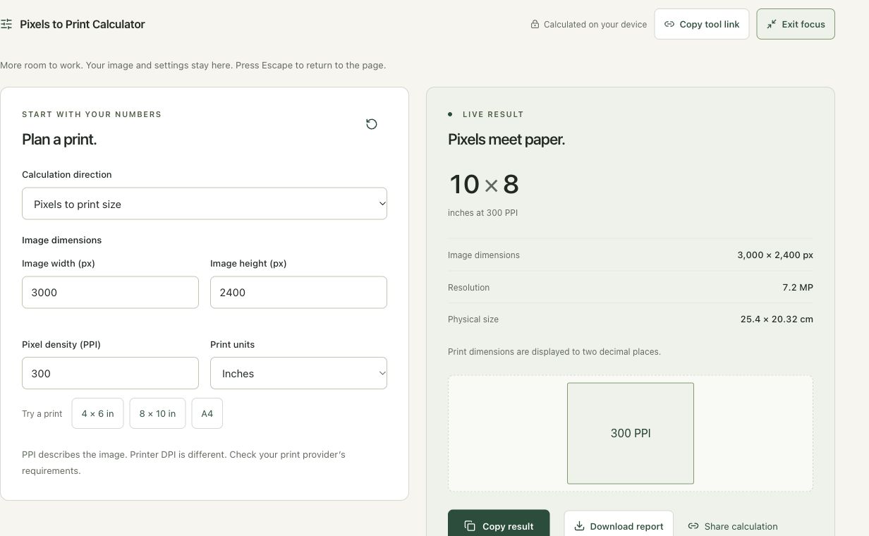 Step 1: Open the print calculator and choose the calculation direction in the actual pixels to print workspace