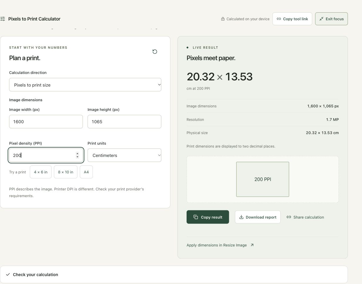 Step 3: Compare 200 PPI in centimeters in the actual pixels to print workspace