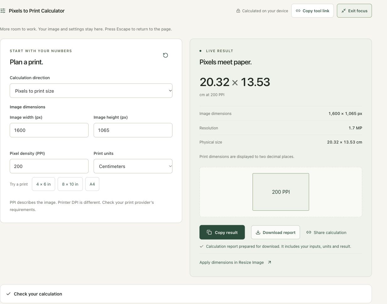 Step 4: Download the calculation and verify the print setup in the actual pixels to print workspace