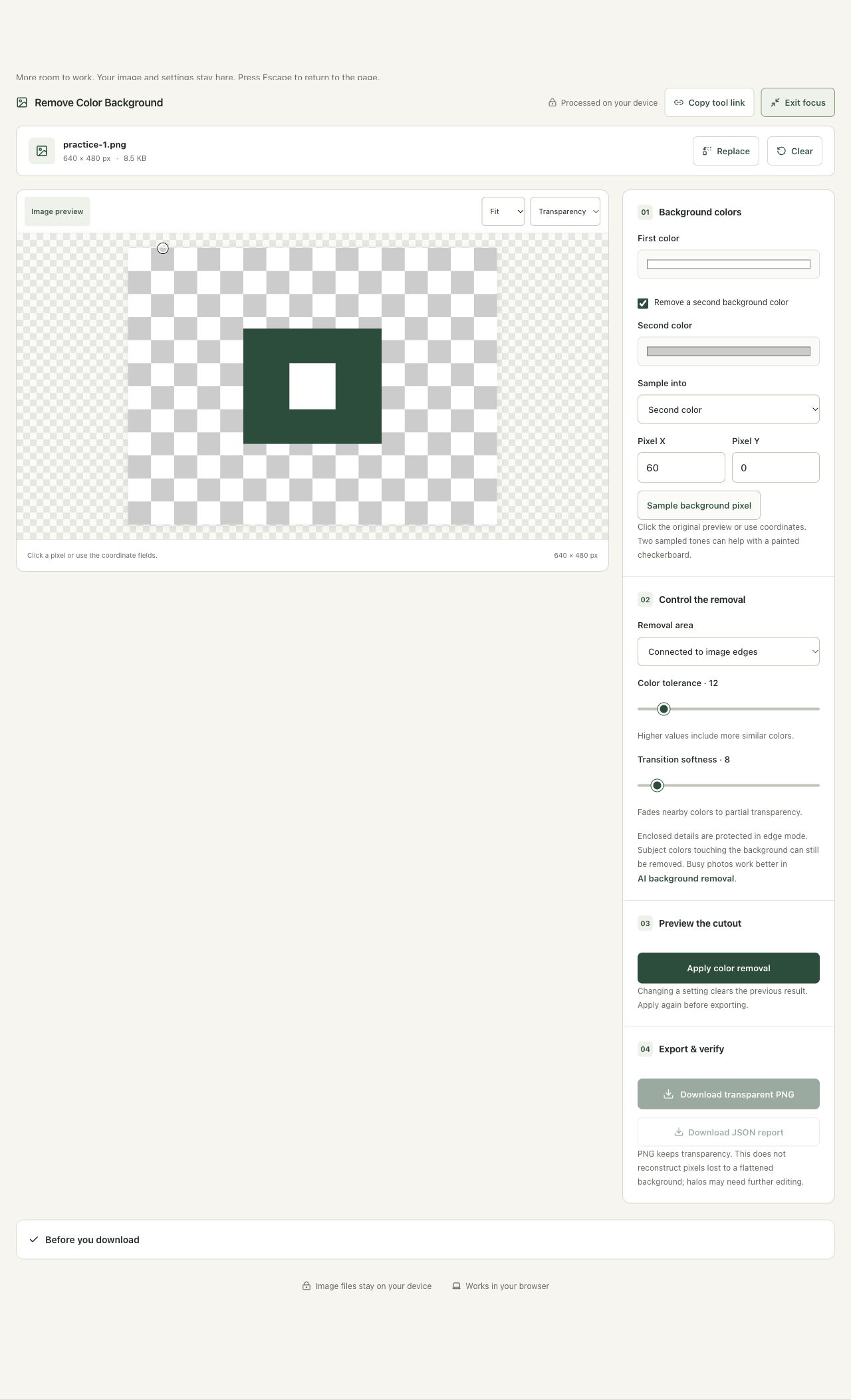 Step 3: Sample both tones and keep edge-connected removal in the actual remove color background workspace
