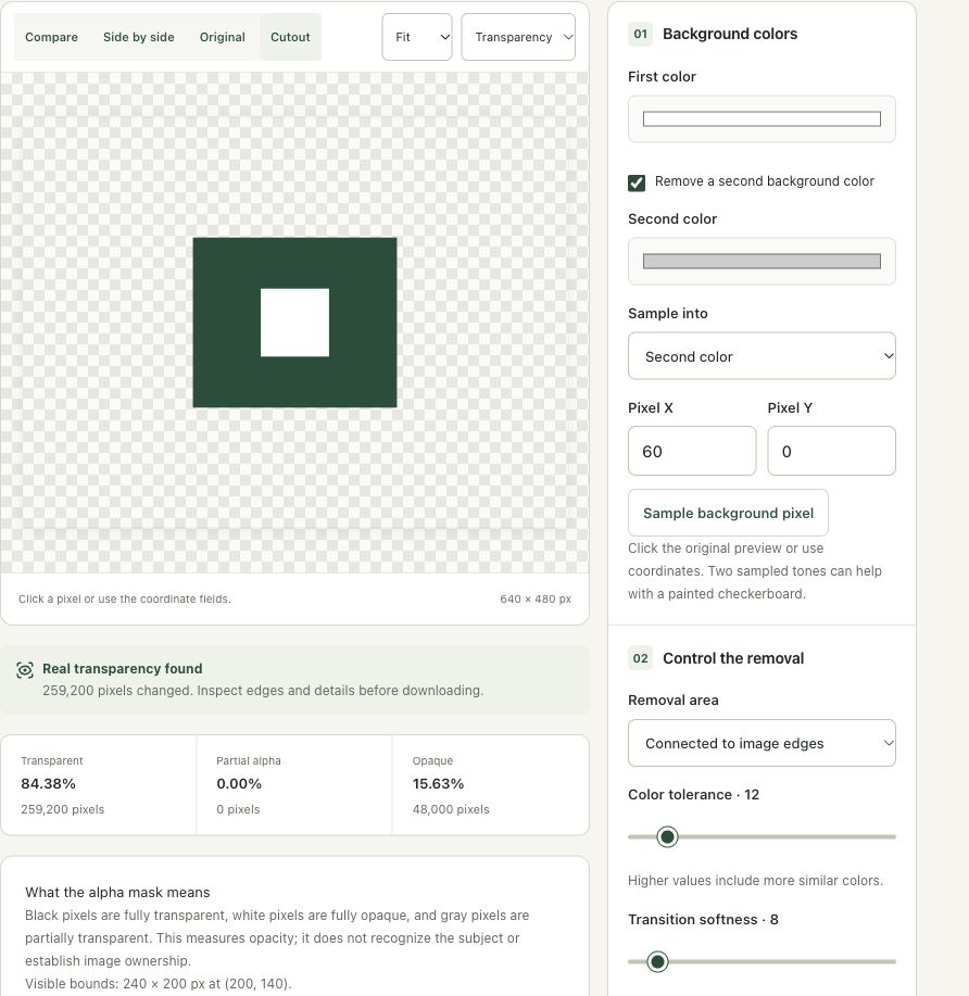Step 4: Apply removal and inspect the transparent result in the actual remove color background workspace
