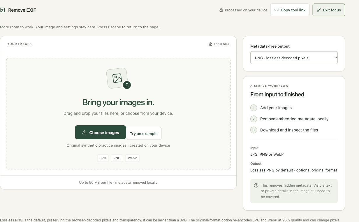 Step 1: Open the metadata-cleaning workspace in the actual remove exif workspace