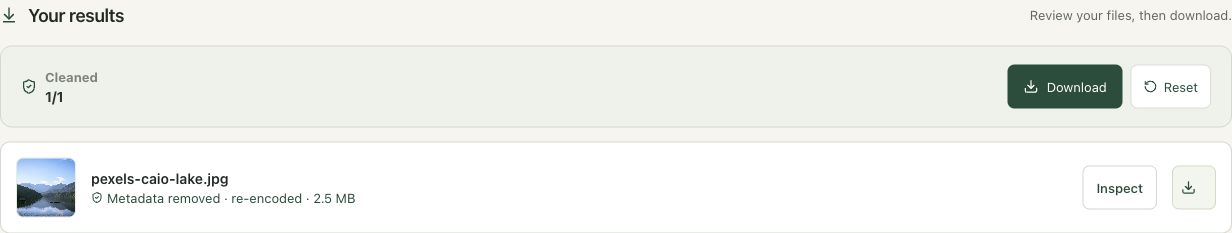 Step 4: Inspect the cleaned copy and its actual size in the actual remove exif workspace