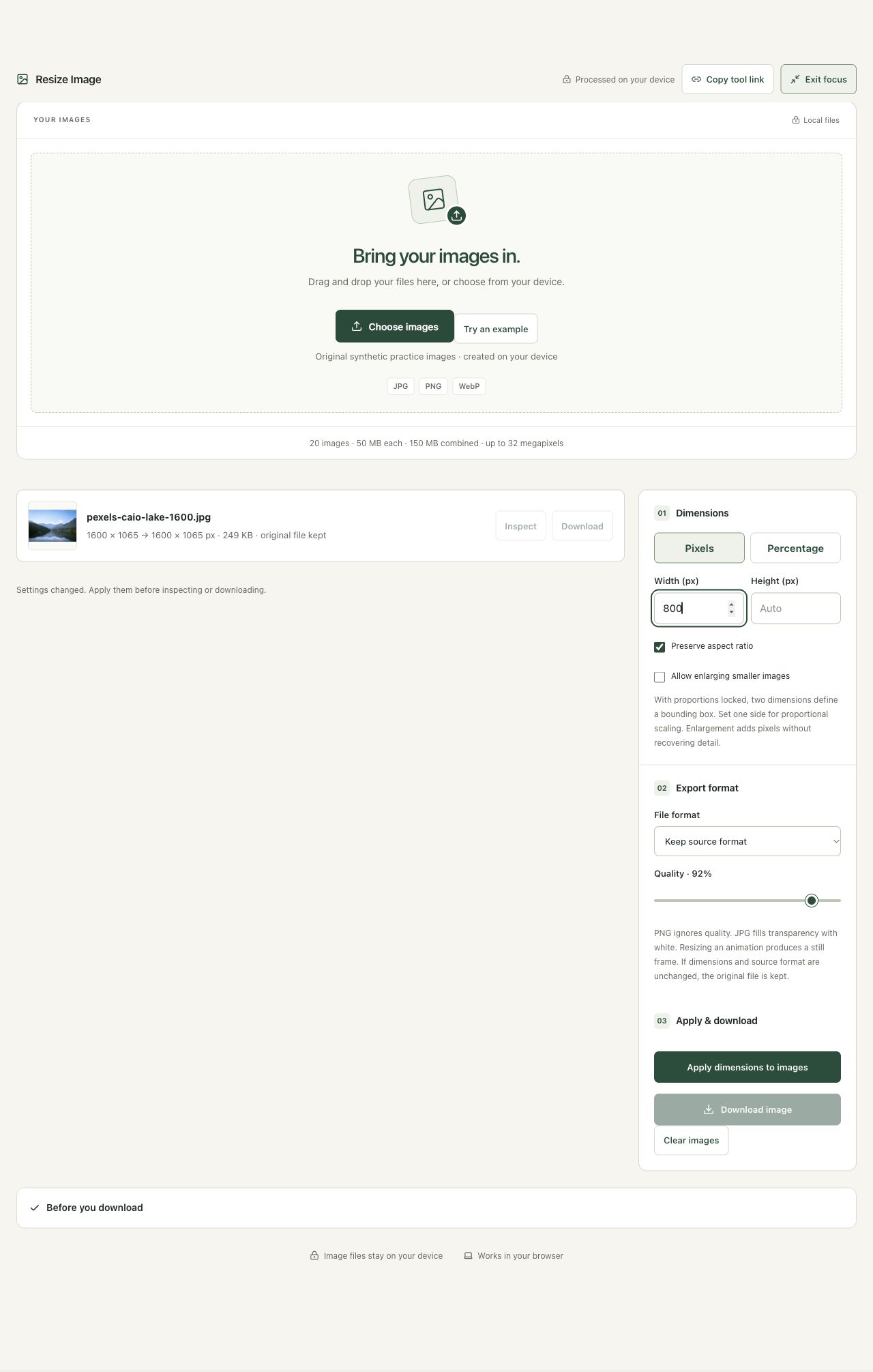 Step 3: Request an 800-pixel width with proportions preserved in the actual resize workspace