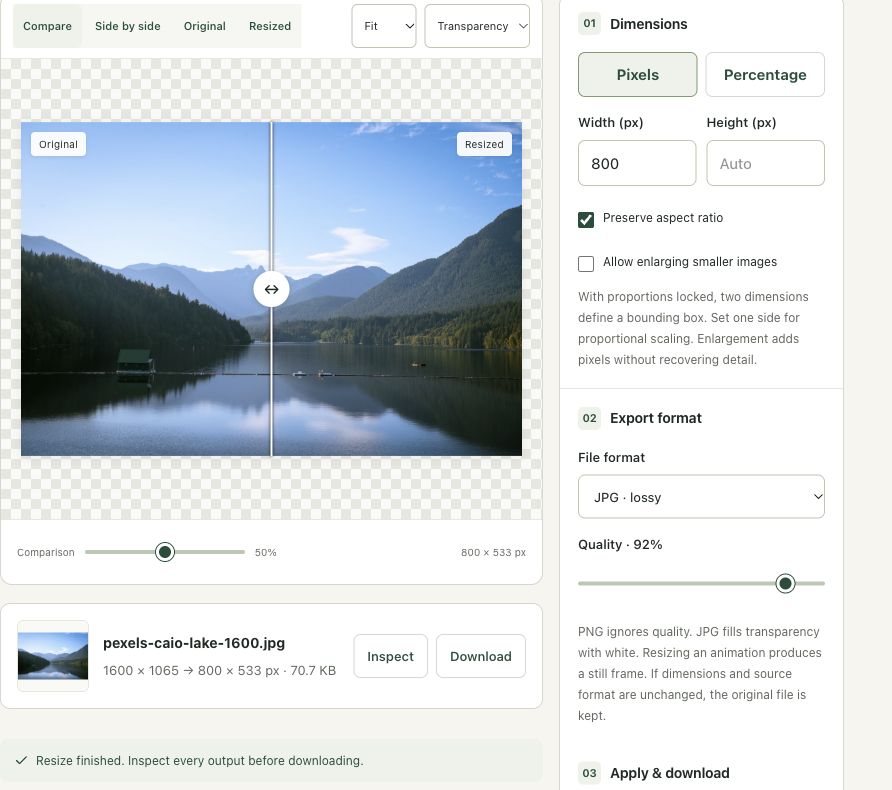 Step 4: Apply the dimensions and inspect the finished image in the actual resize workspace