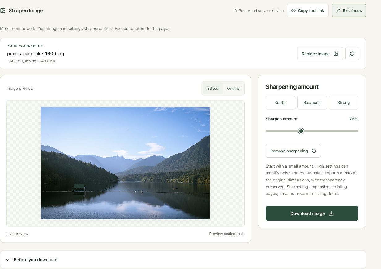 Step 2: Load the photo and review the initial amount in the actual sharpen image workspace