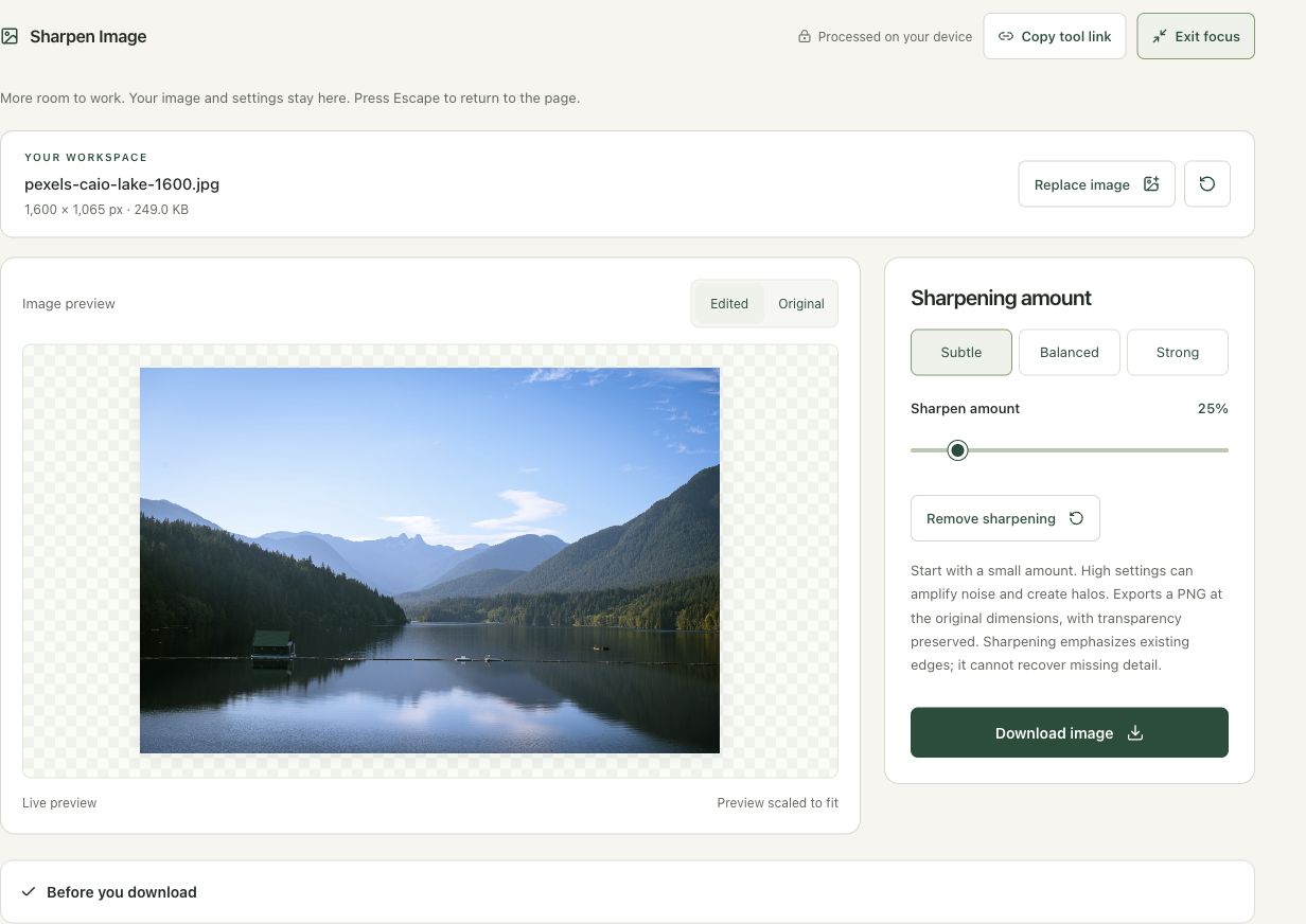 Step 3: Choose Subtle for a restrained example in the actual sharpen image workspace
