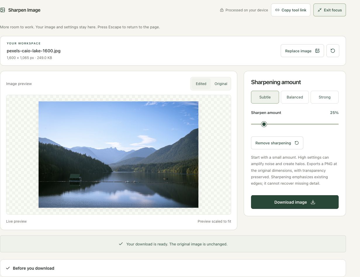 Step 4: Download and check the PNG at actual size in the actual sharpen image workspace