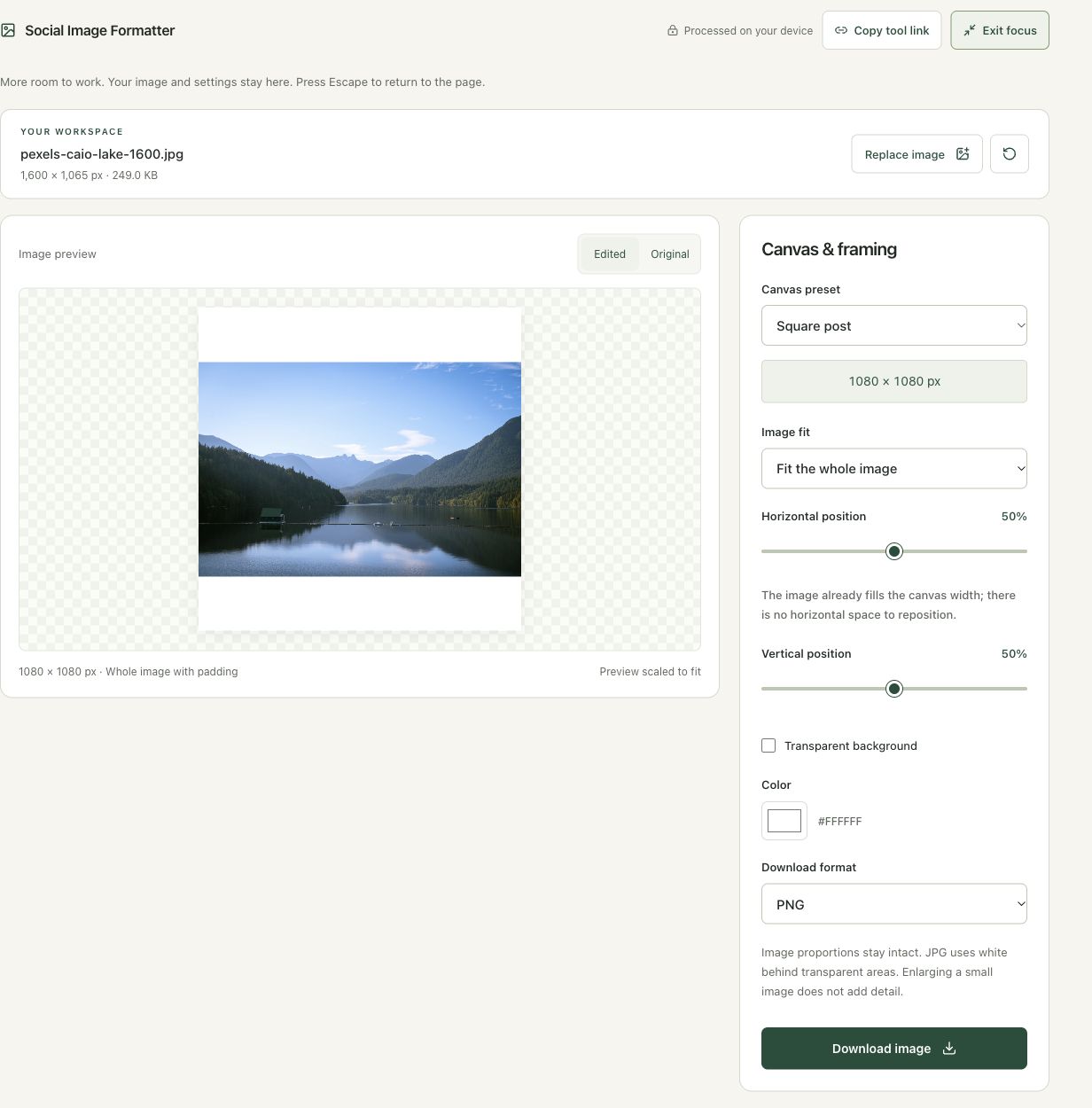 Step 2: Load the landscape and inspect Fit on a square in the actual social image workspace