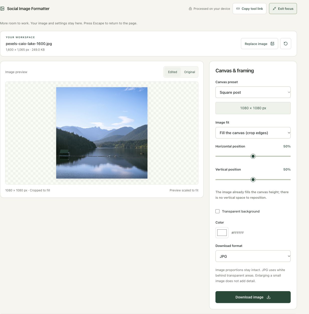 Step 4: Choose JPG, download and test the finished composition in the actual social image workspace